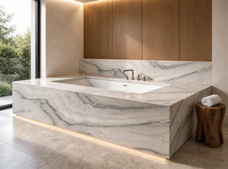 Luce Di Luna quartzite bathtub deck with mitered edges, matching apron panels and coordinated natural veining