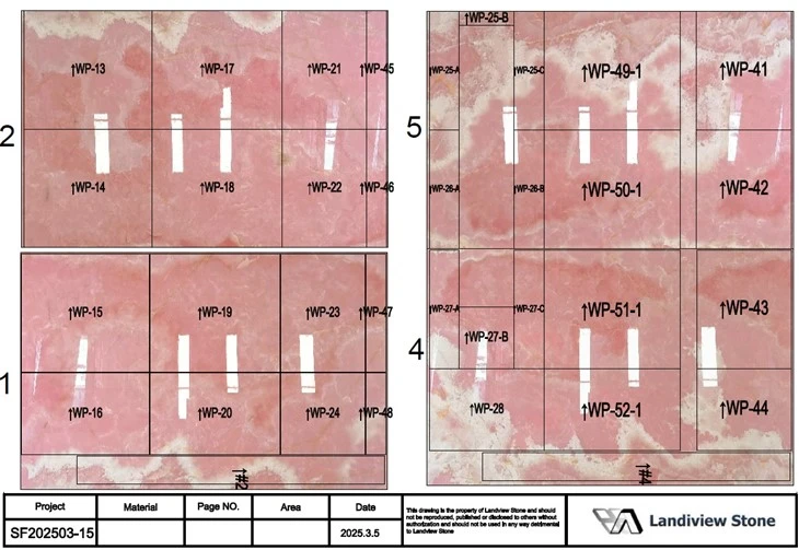 AutoCAD cutting layout placing numbered Pink Onyx tile shapes over approved slab images to coordinate yield and veining.
